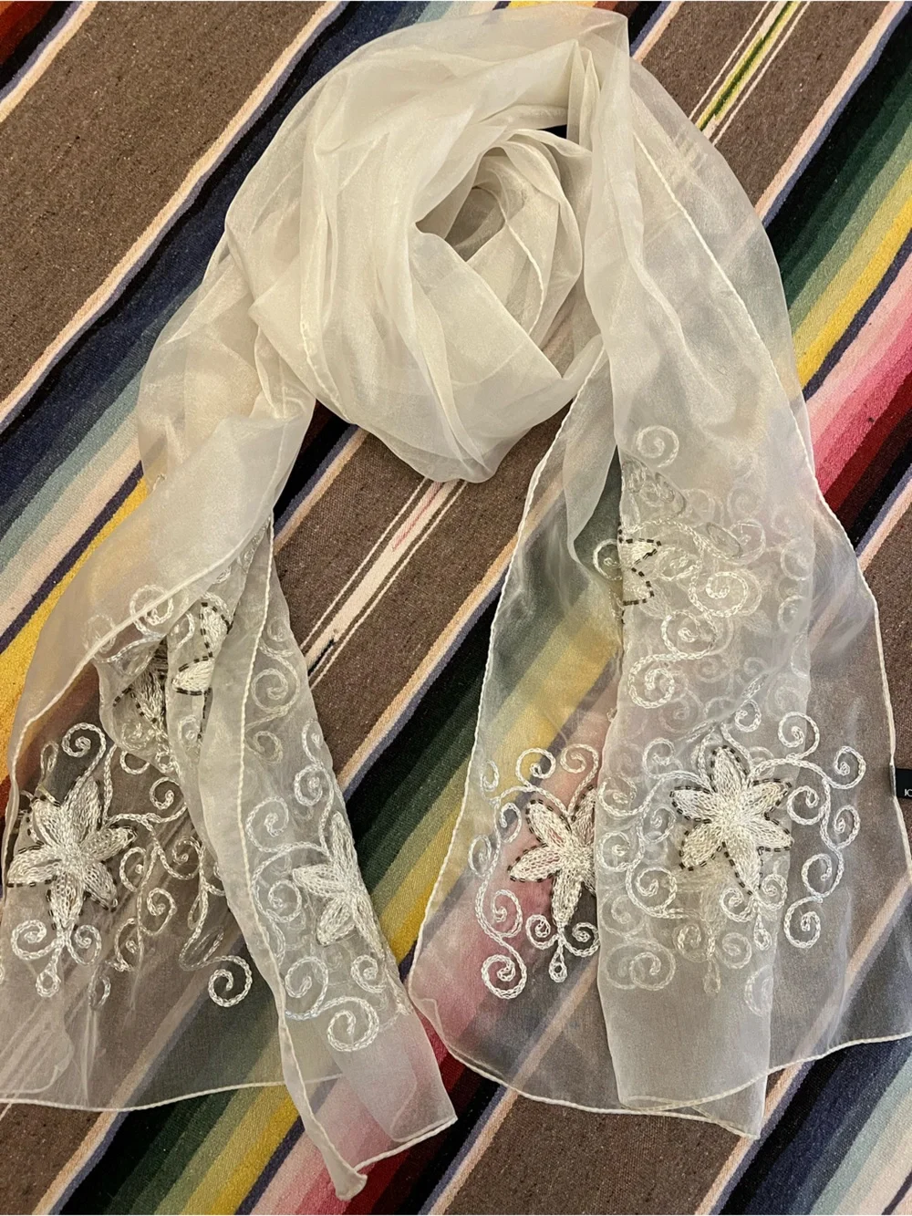 Beaded Sheer White Embroidered Floral Scarf - Women Accessories
